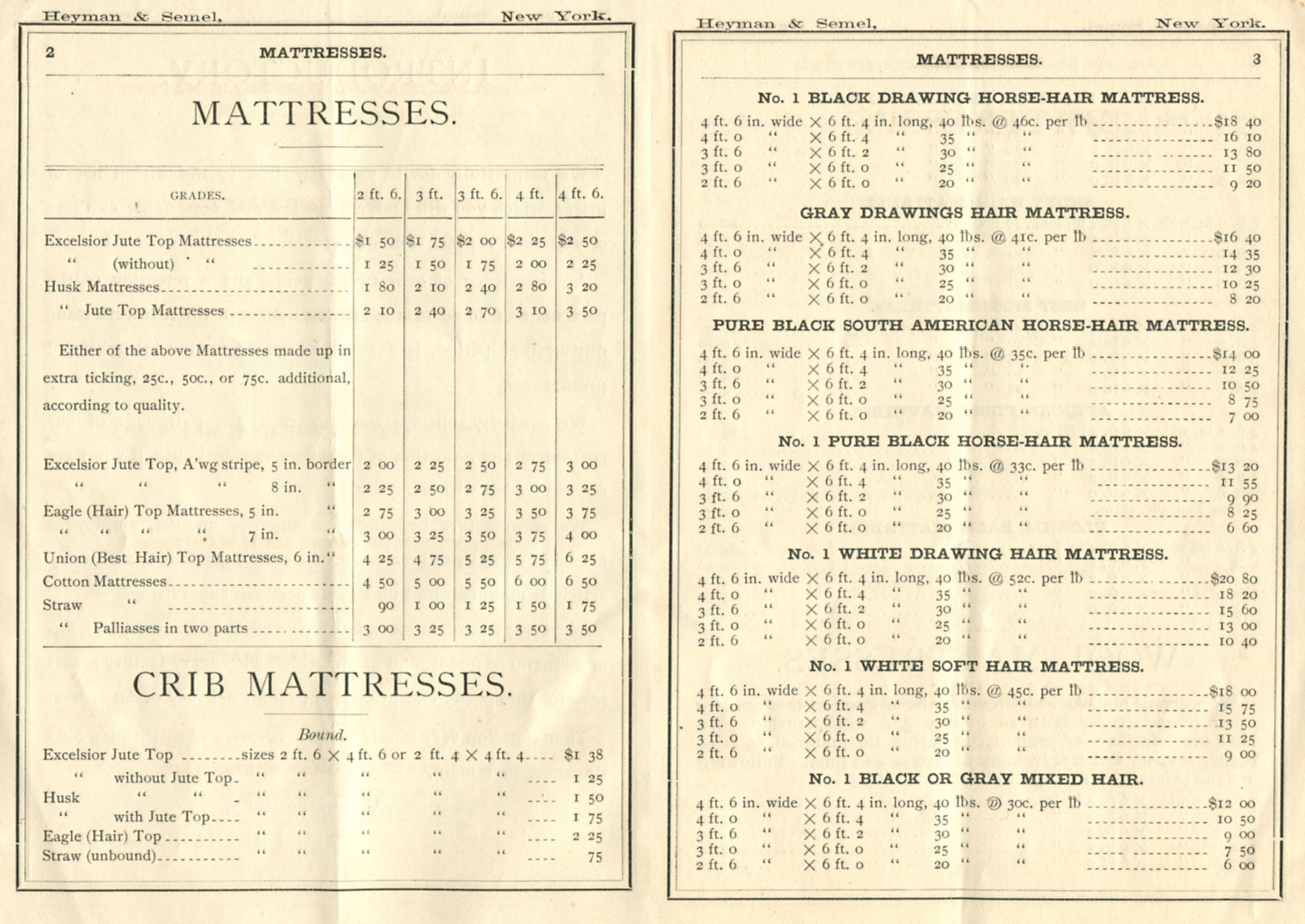 Heyman and Semel Mattress Catalog 1879 Page 1