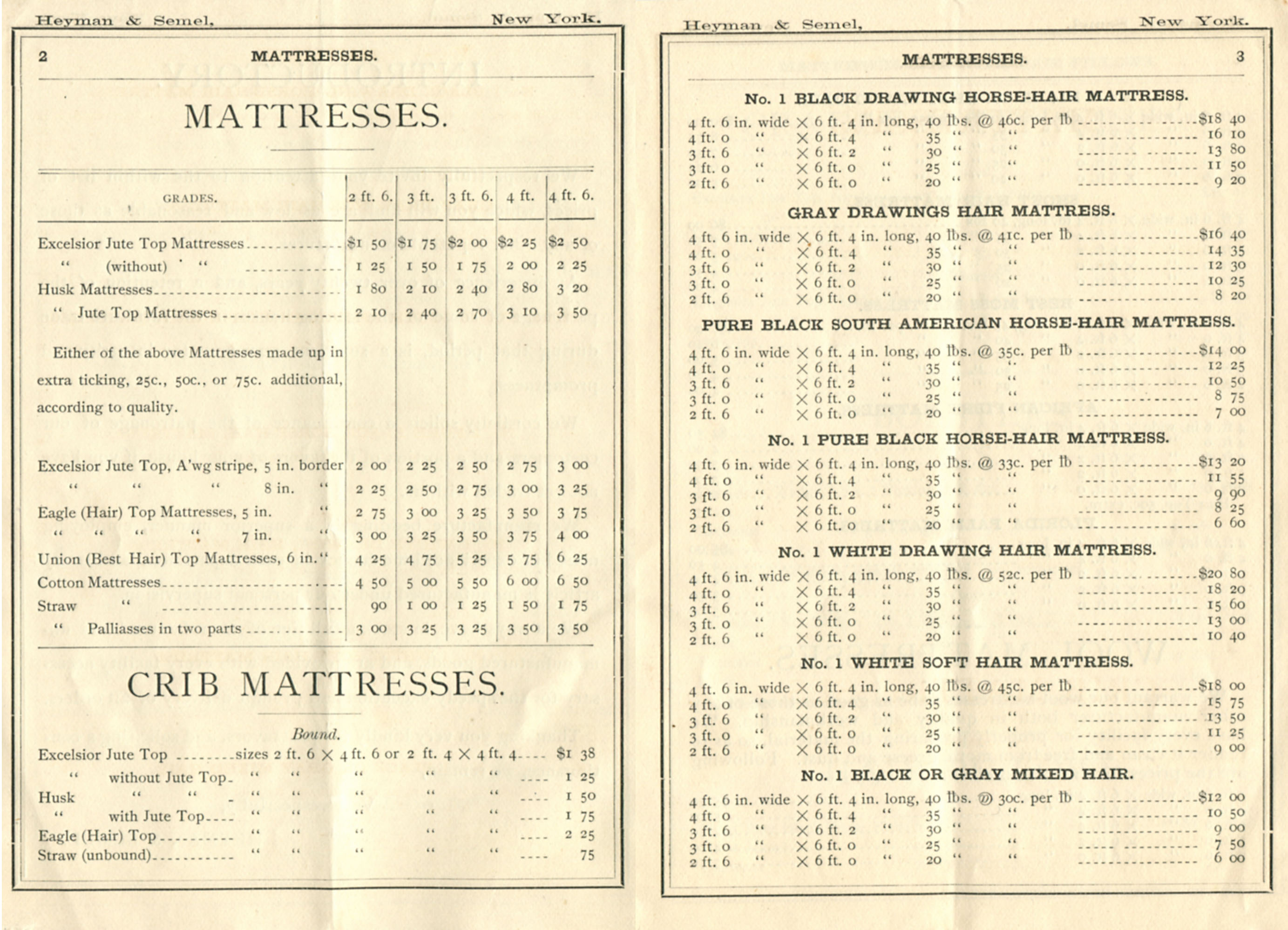Heyman and Semel Mattress Catalog 1879 page 2
